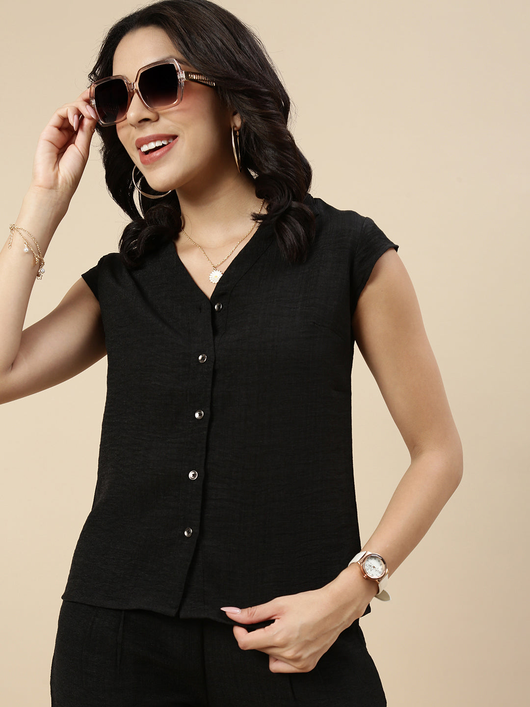 Co-Ord Set(Casual Top & Narrow Palazzo)-Black - De Moza