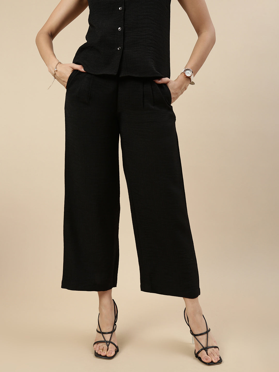 Co-Ord Set(Casual Top & Narrow Palazzo)-Black - De Moza