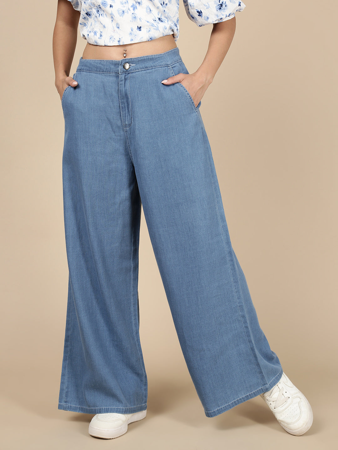 De Moza Women Casual Straight Pant-Ice Blue