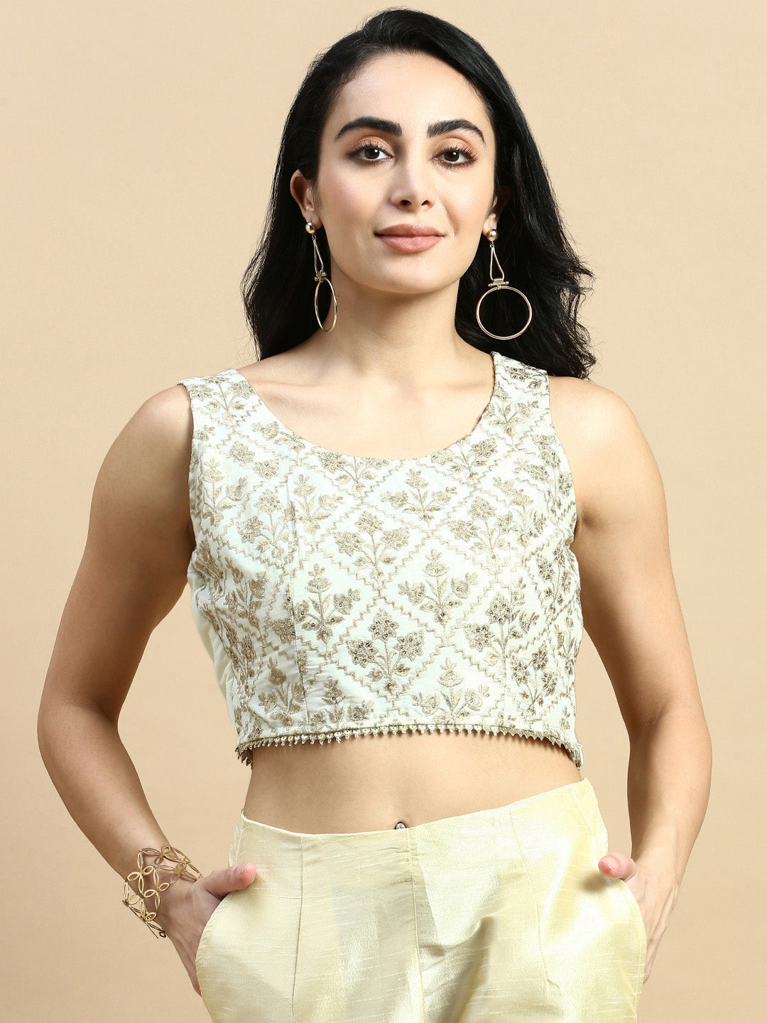 Crop Top Embroidered-Beige - De Moza