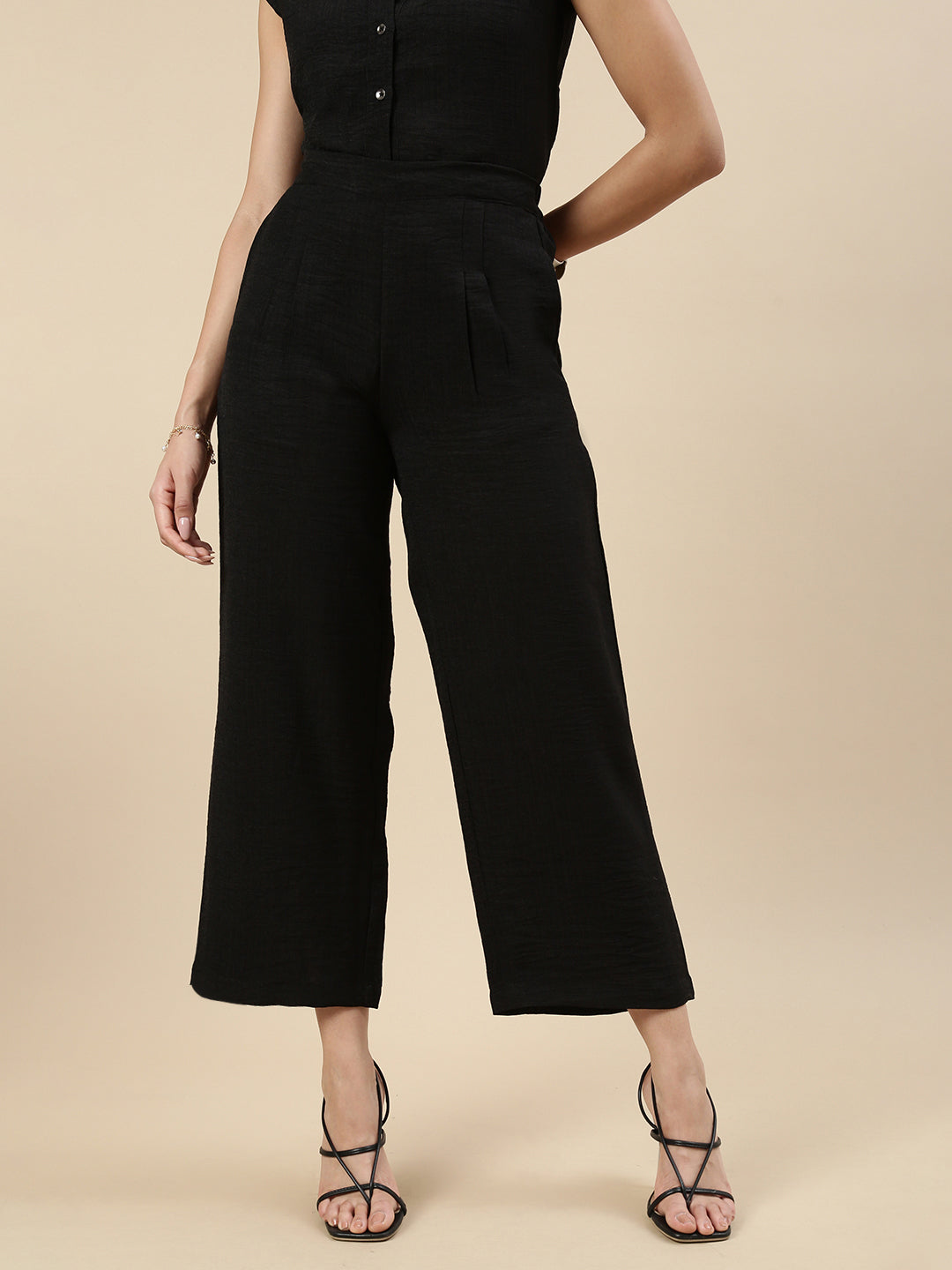 Co-Ord Set(Casual Top & Narrow Palazzo)-Black - De Moza