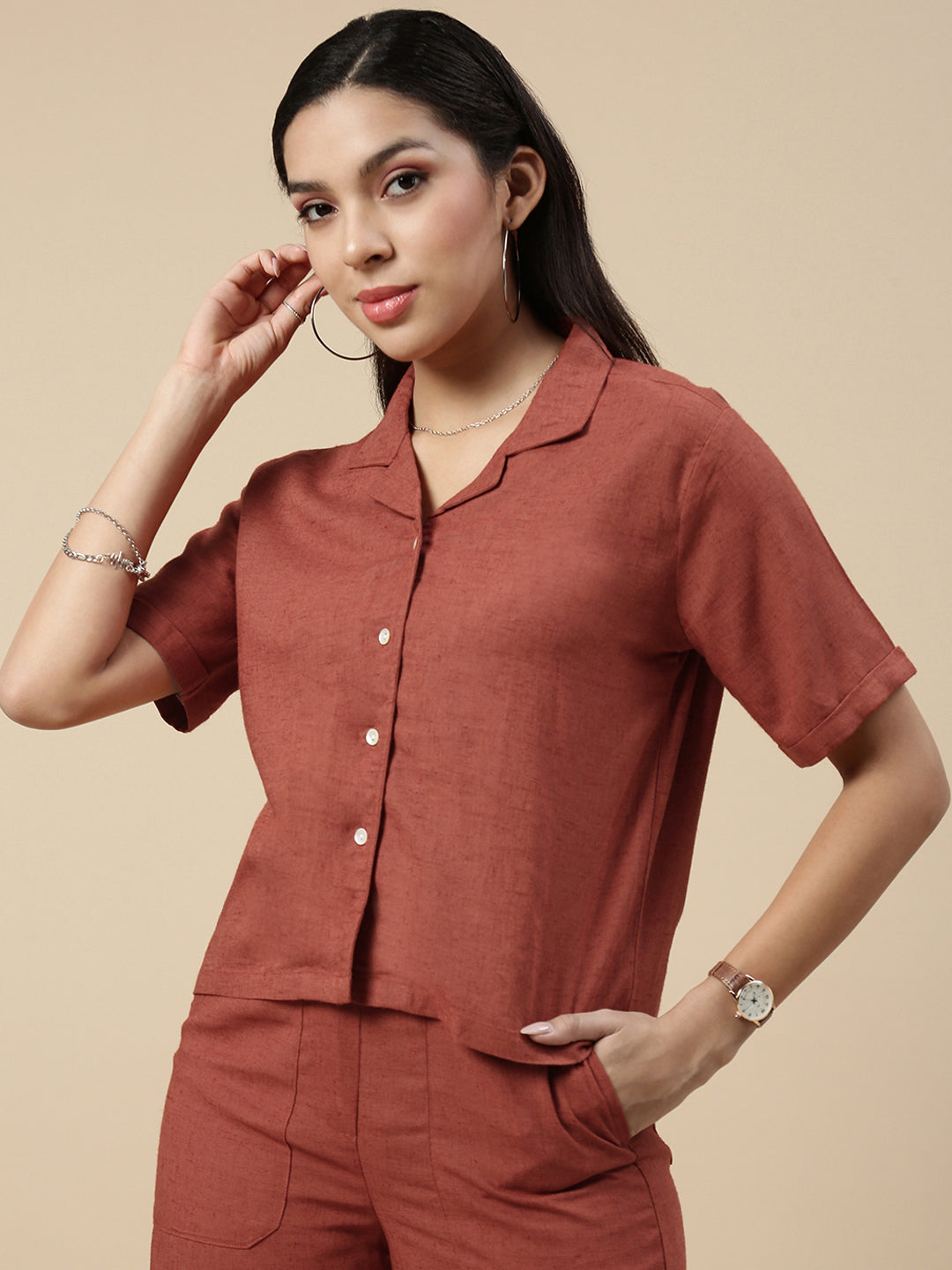 Co-Ord Set(Casual Top & Carpenter Pant)-Rust - De Moza