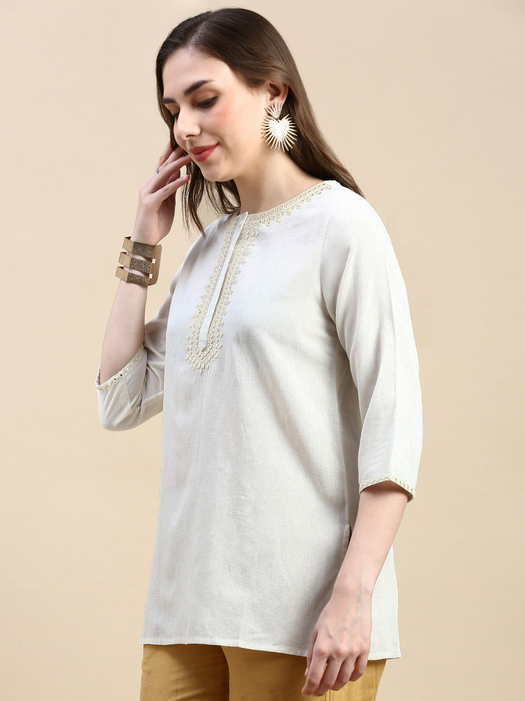 Embroidered Tunic Top-Natural - De Moza