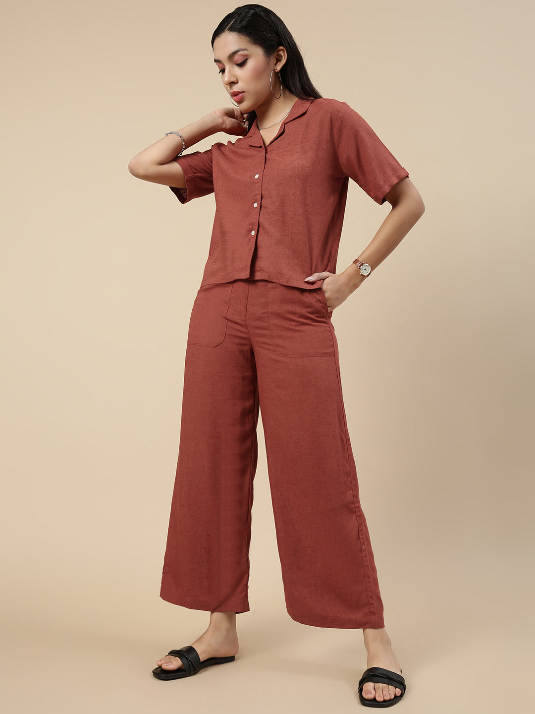 Co-Ord Set(Casual Top & Carpenter Pant)-Rust - De Moza