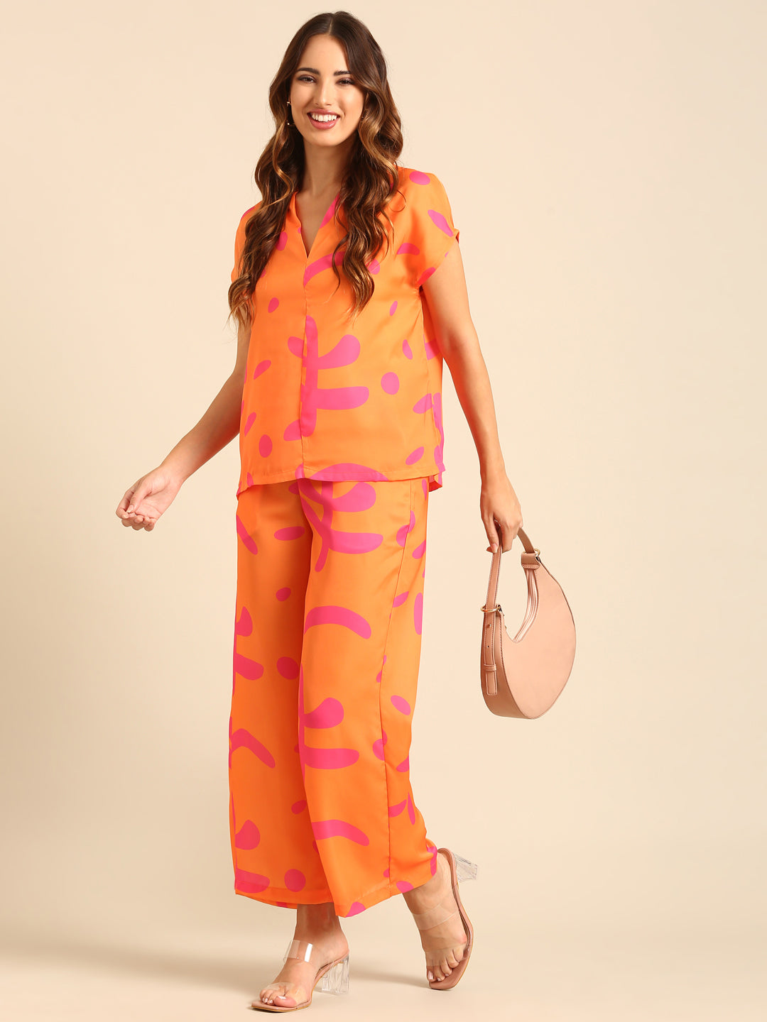 Co-Ord Set (Casual Top & Palazzo)-Orange - De Moza