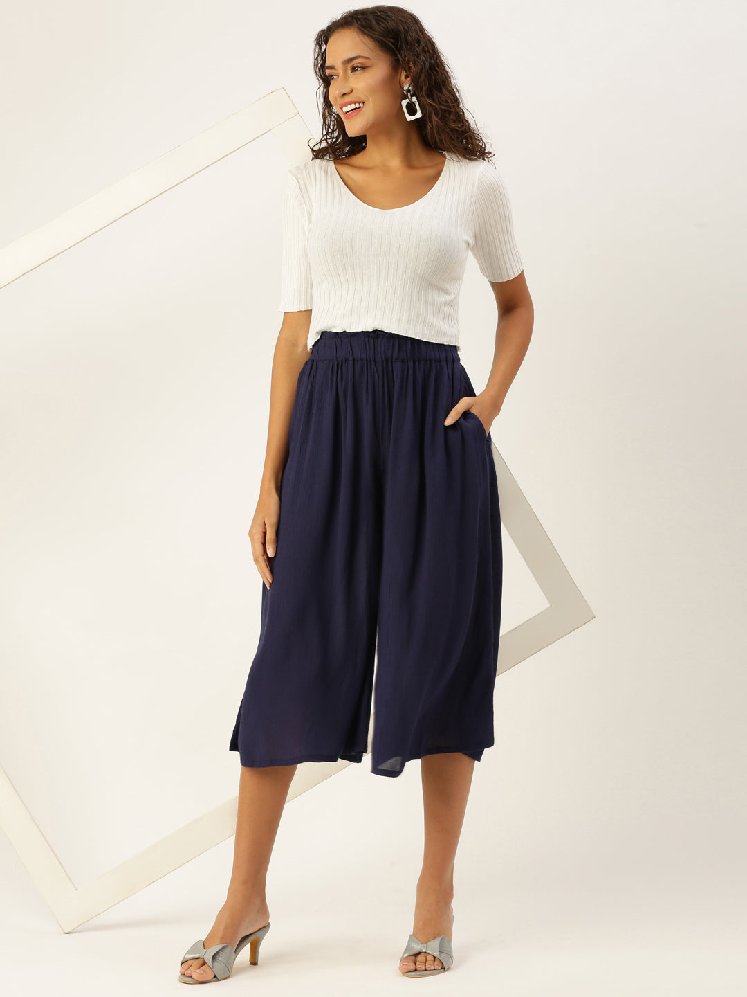 De Moza Women Culottes  Solid Viscose Navy Blue - De Moza