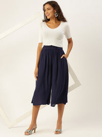 De Moza Women Culottes  Solid Viscose Navy Blue - De Moza