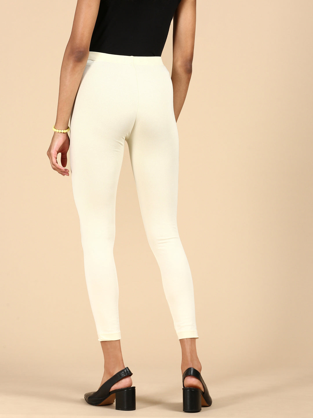 De Moza Ladies Ankle Length Leggings Solid Cotton Ecru - De Moza