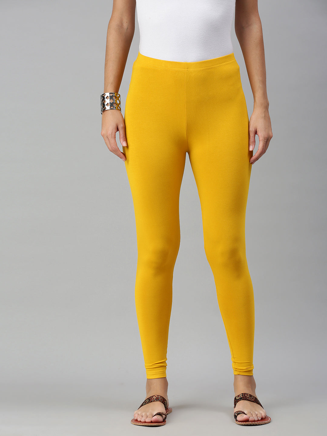 De Moza Ladies Ankle Length Leggings Solid Viscose Mustard - De Moza