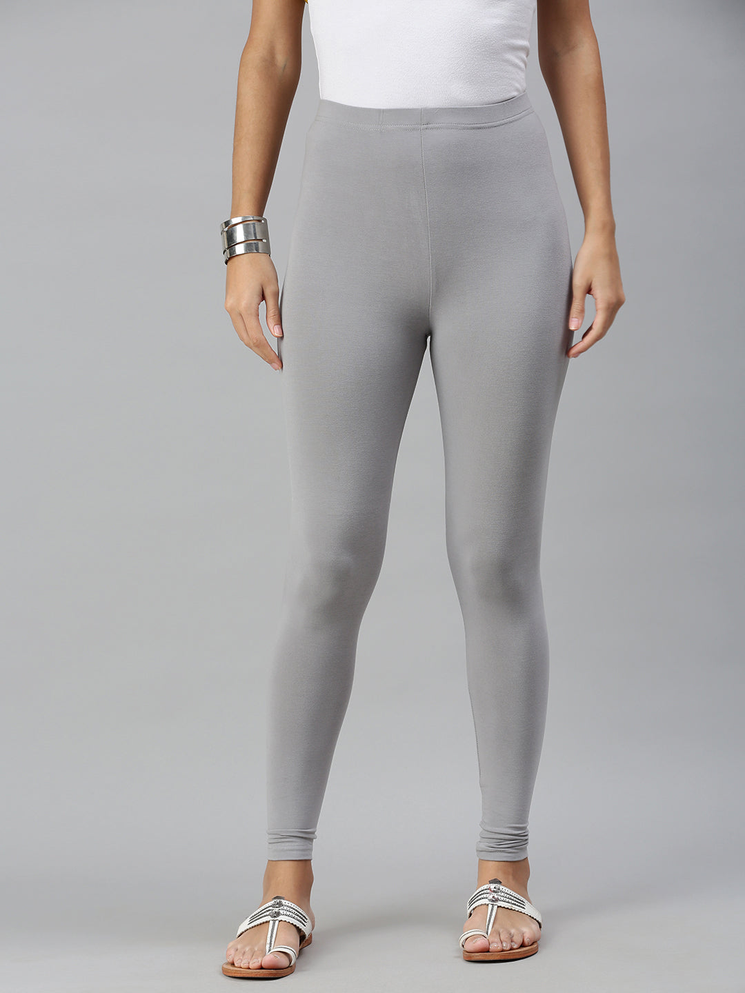 De Moza Ladies Ankle Length Leggings Solid Viscose Light Grey - De Moza