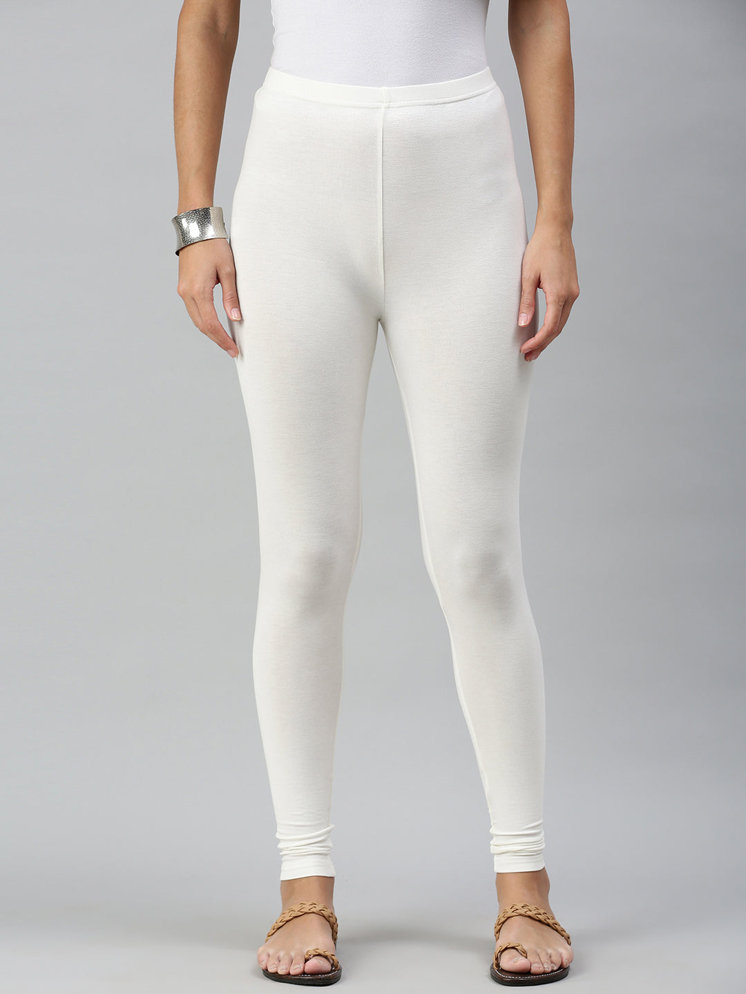 De Moza Ladies Ankle Length Leggings Solid Viscose Offwhite - De Moza