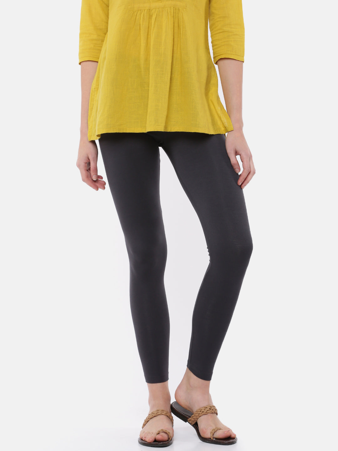 De Moza Ladies Ankle Length Leggings Solid Viscose Dark Grey - De Moza