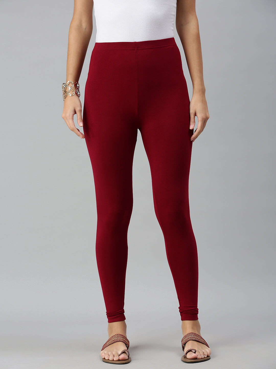 De Moza Ladies Ankle Length Leggings Solid Viscose Maroon - De Moza