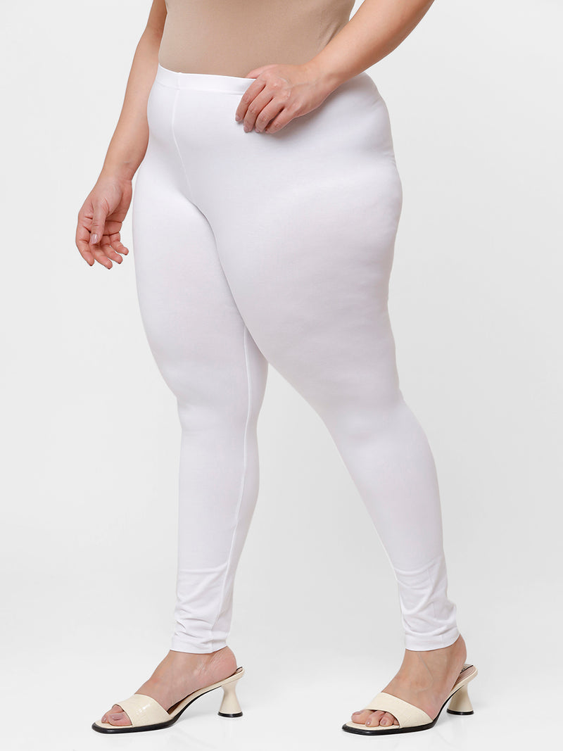 De Moza Ladies Plus Size Ankle Length Leggings White Solid Cotton
