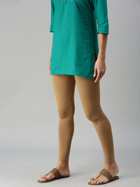 De Moza Ladies Ankle Length Leggings Solid Viscose Golden Beige - De Moza