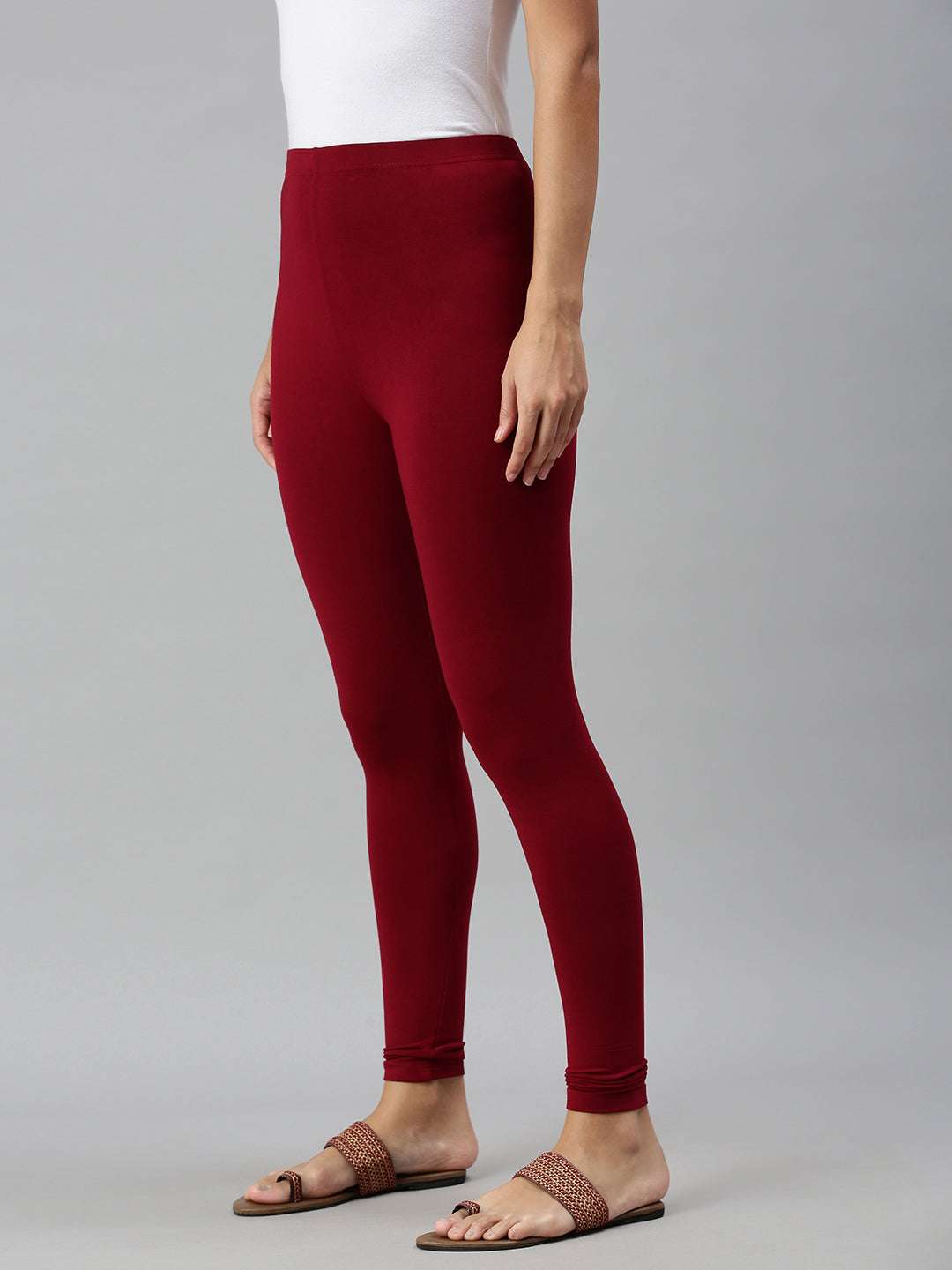 De Moza Ladies Ankle Length Leggings Solid Viscose Maroon - De Moza