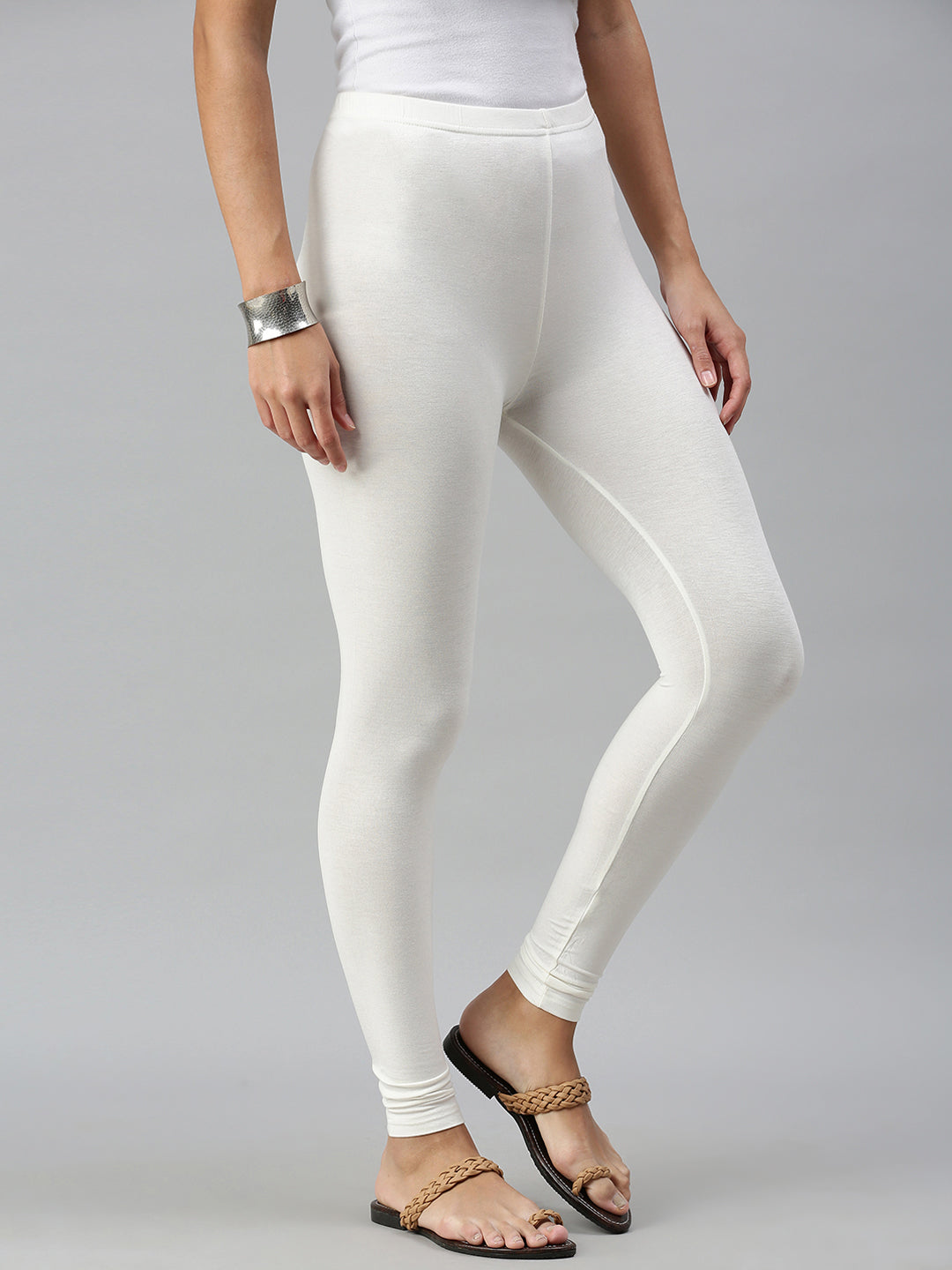 De Moza Ladies Ankle Length Leggings Solid Viscose Offwhite - De Moza