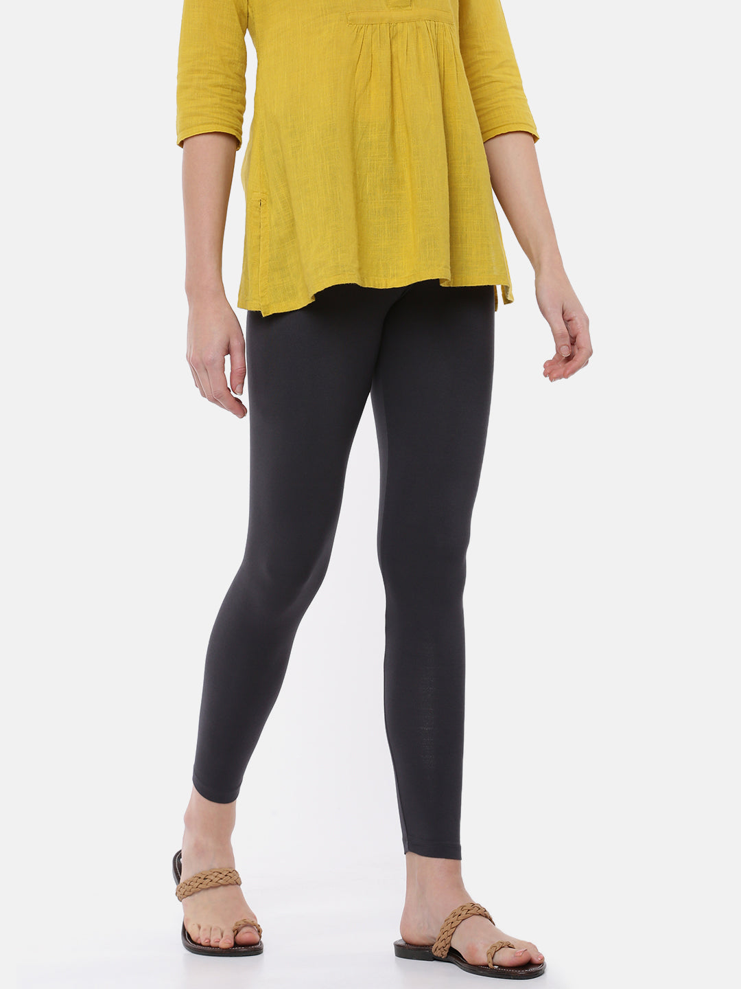 De Moza Ladies Ankle Length Leggings Solid Viscose Dark Grey - De Moza