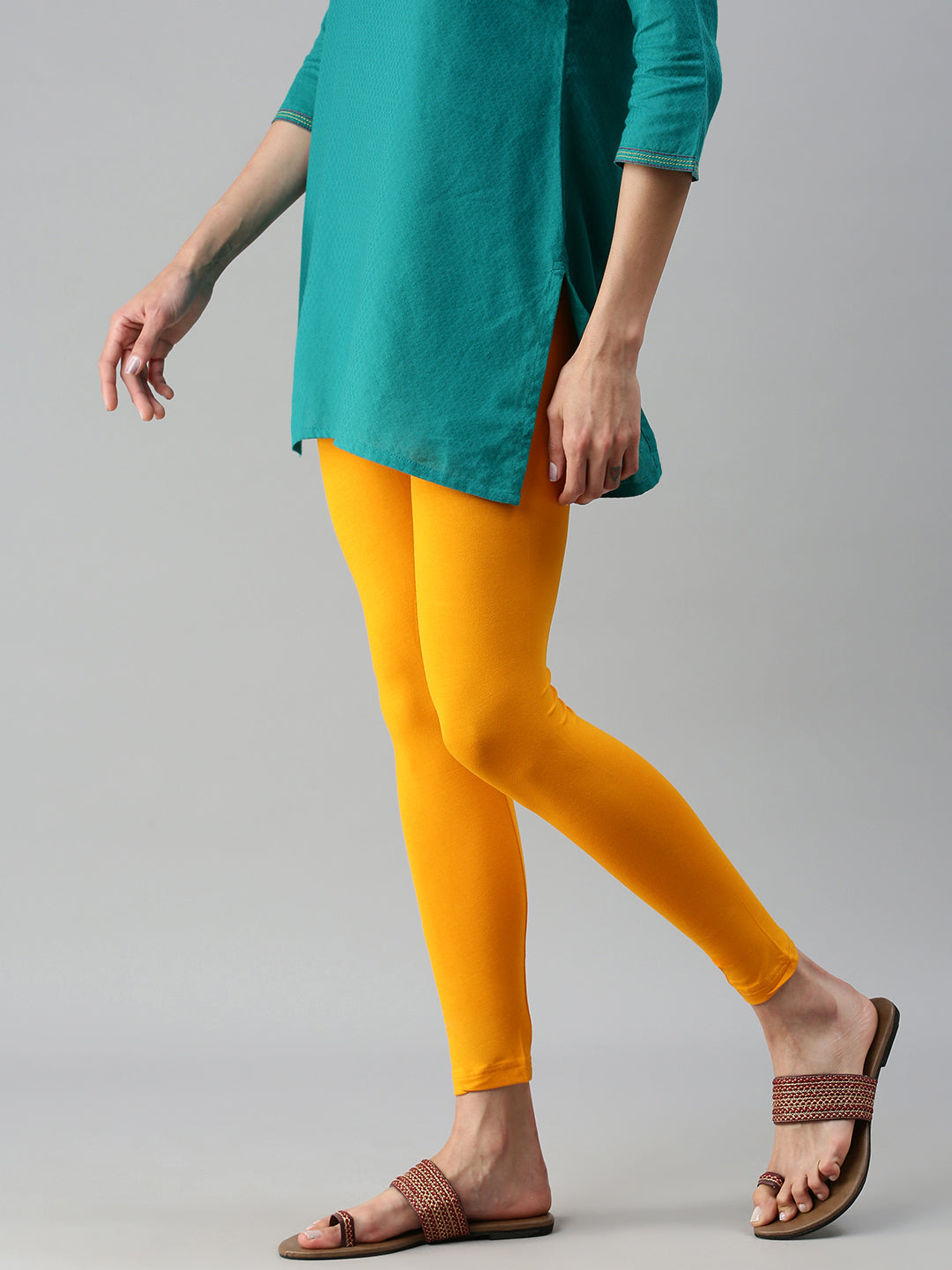 De Moza Ladies Ankle Length Leggings Solid Viscose Dark Yellow - De Moza
