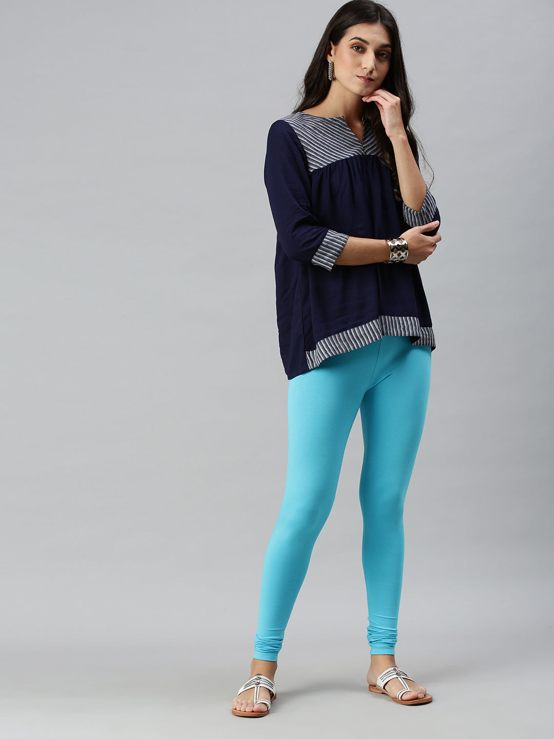 De Moza Ladies Churidar Leggings Solid Cotton Peacock Blue - De Moza