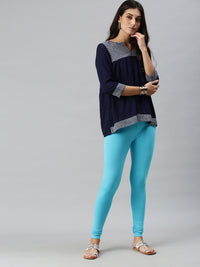 De Moza Ladies Churidar Leggings Solid Cotton Peacock Blue - De Moza