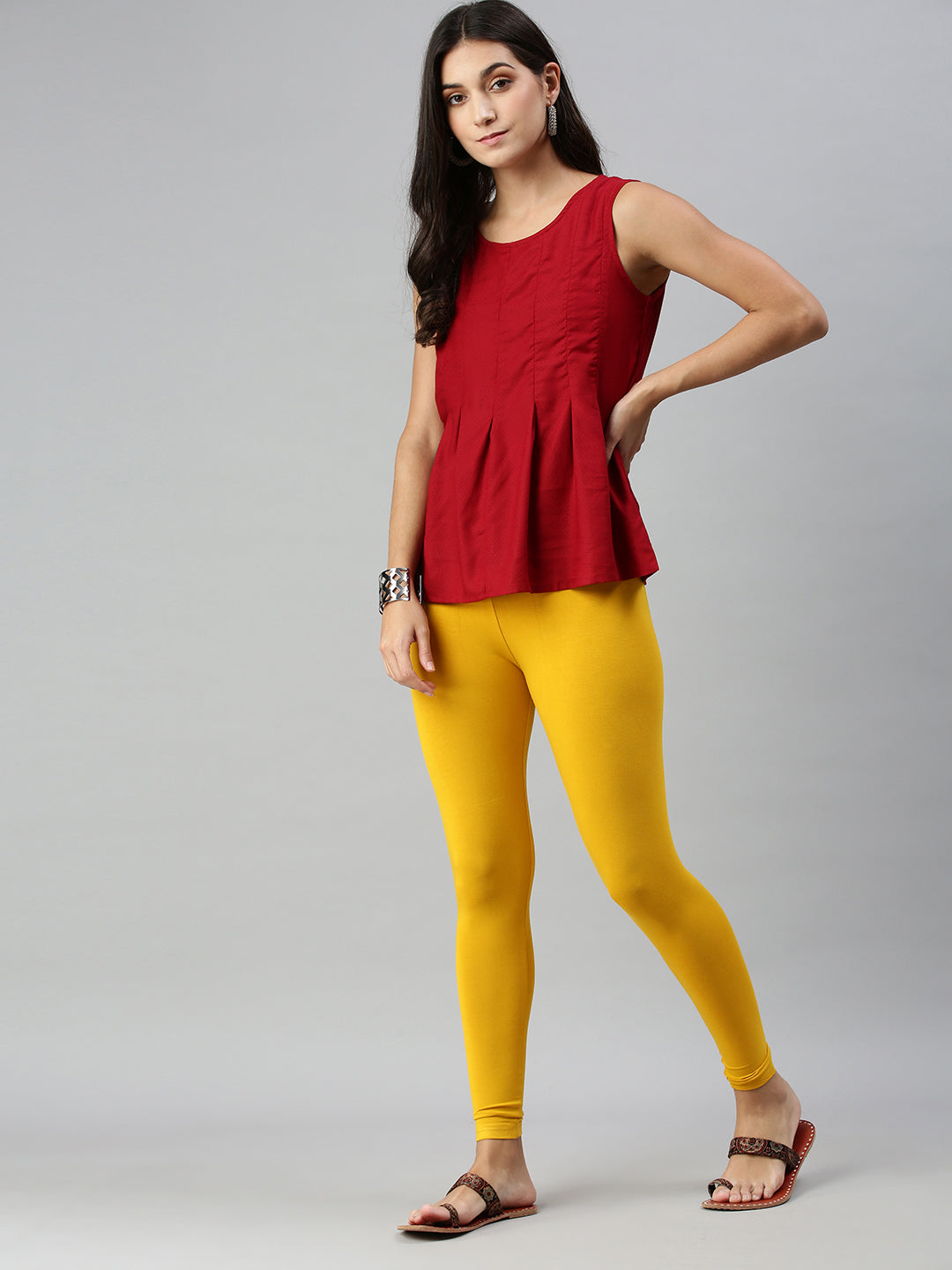 De Moza Ladies Ankle Length Leggings Solid Viscose Mustard - De Moza