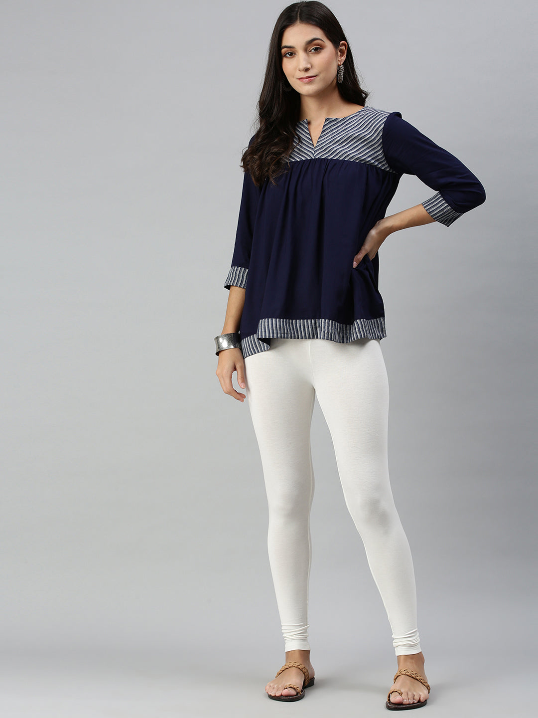 De Moza Ladies Ankle Length Leggings Solid Viscose Offwhite - De Moza