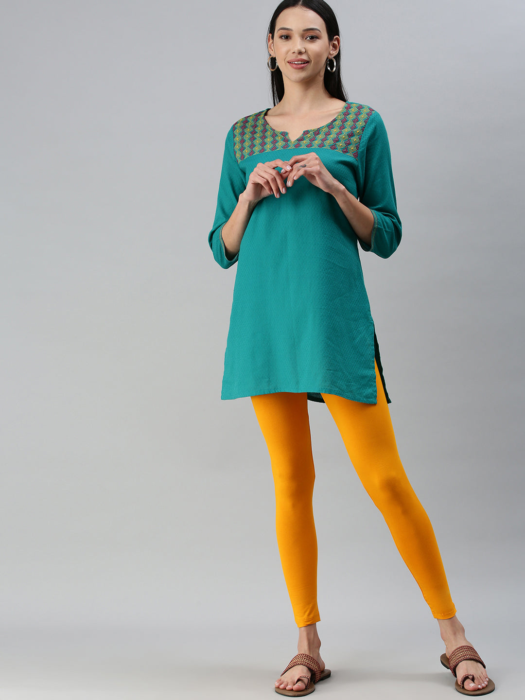 De Moza Ladies Ankle Length Leggings Solid Viscose Dark Yellow - De Moza