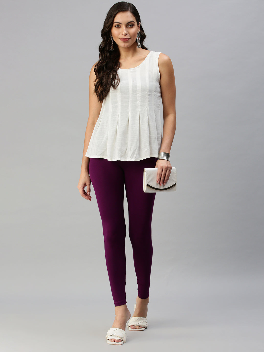 De Moza Women's Ankle Length Leggings Solid Viscose Dark Purple - De Moza