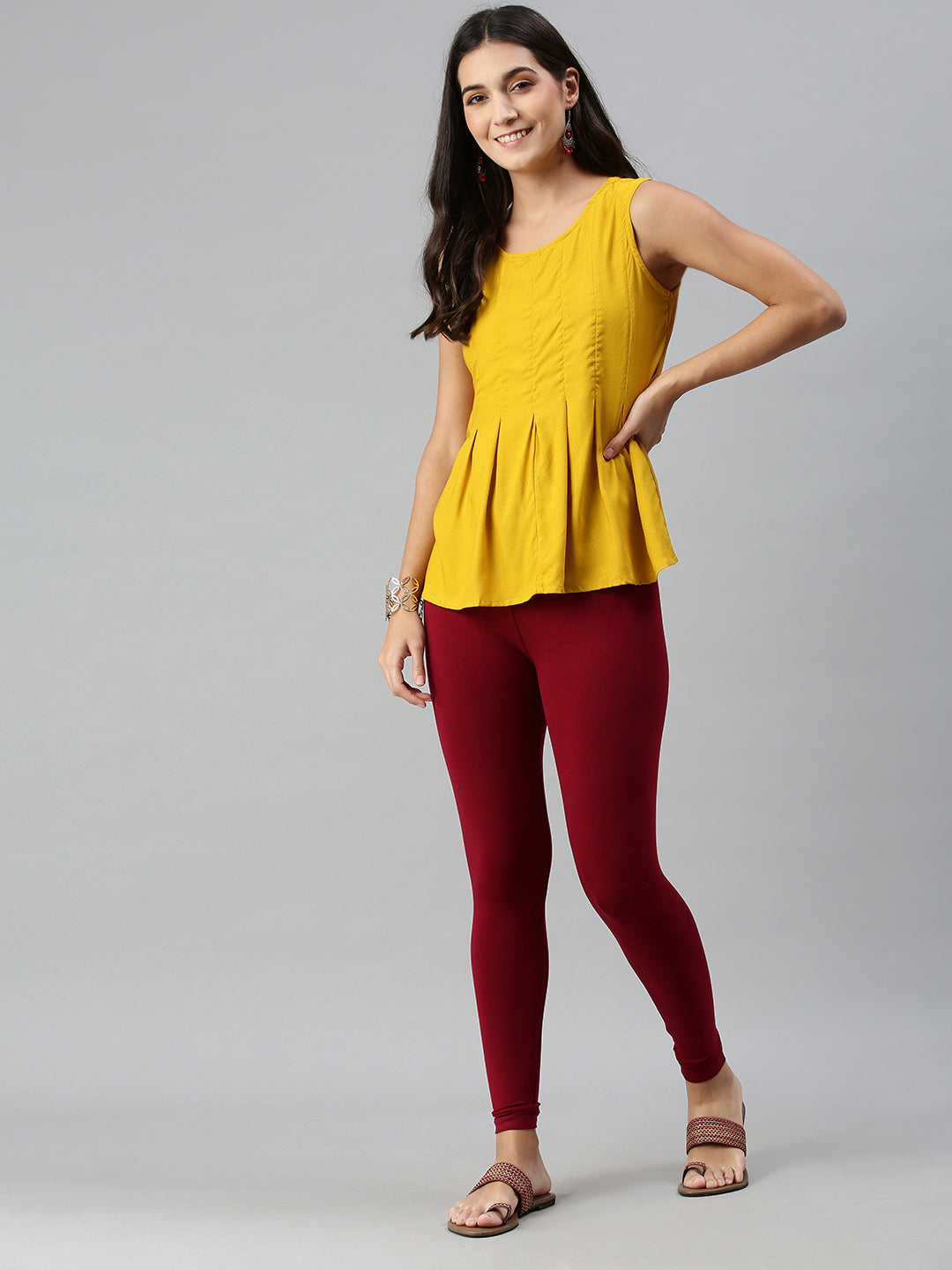 De Moza Ladies Ankle Length Leggings Solid Viscose Maroon - De Moza