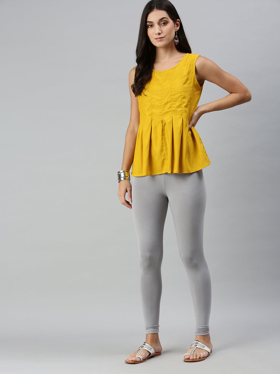 De Moza Ladies Ankle Length Leggings Solid Viscose Light Grey - De Moza