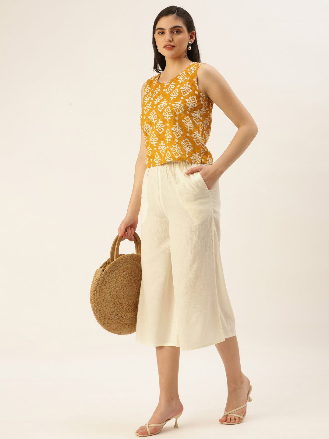 De Moza Ladies Crop Palazzo Offwhite