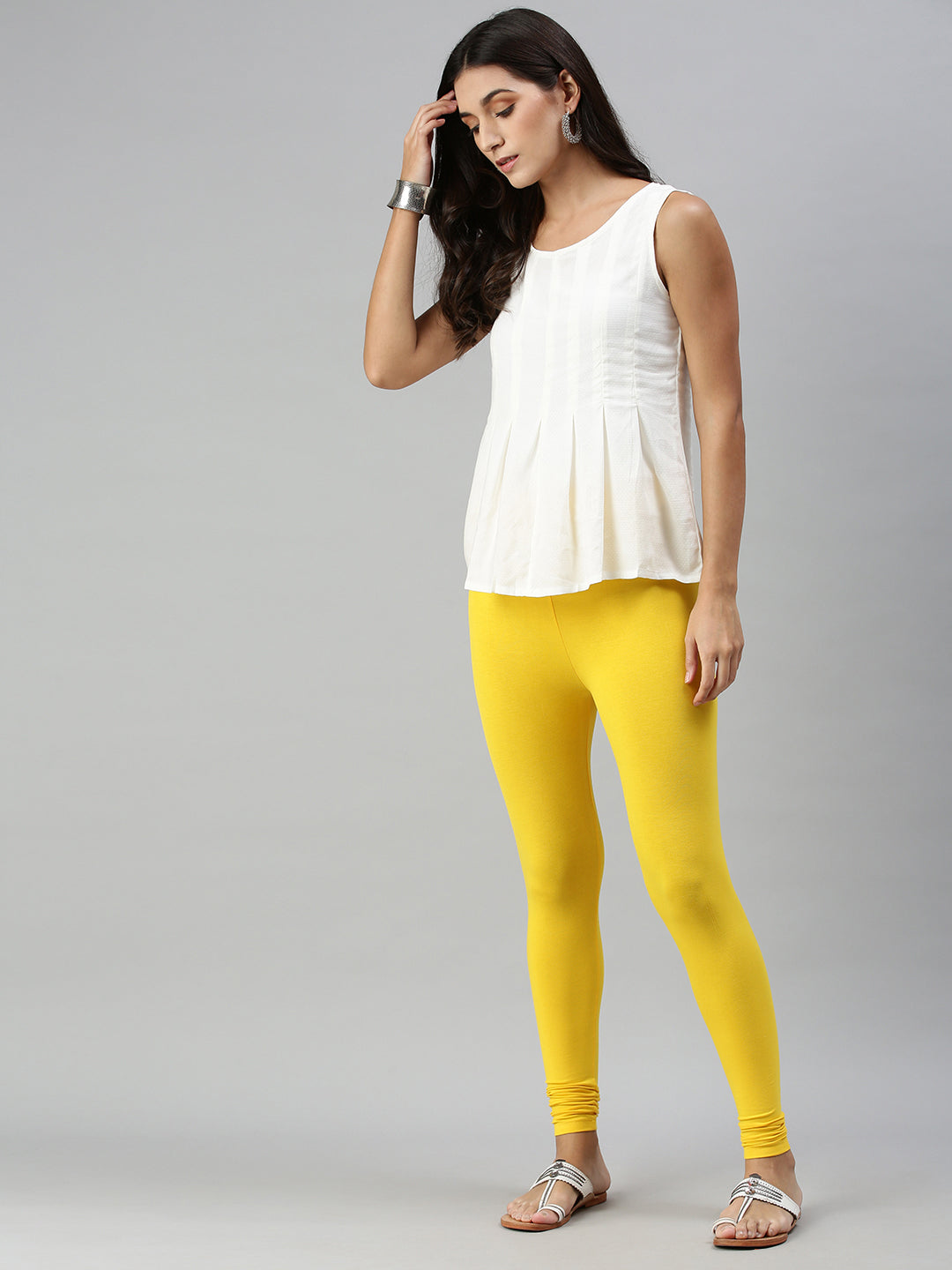 De Moza Ladies Ankle Length Leggings Solid Viscose Golden Yellow - De Moza