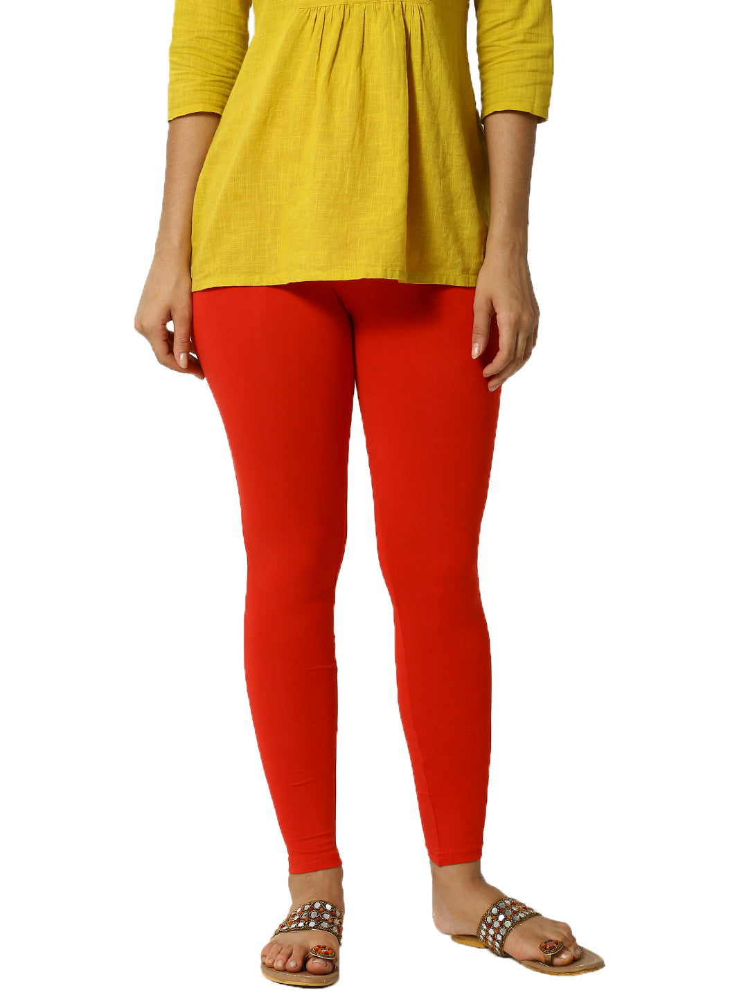 De Moza Ladies Ankle Length Leggings Solid Viscose Red - De Moza