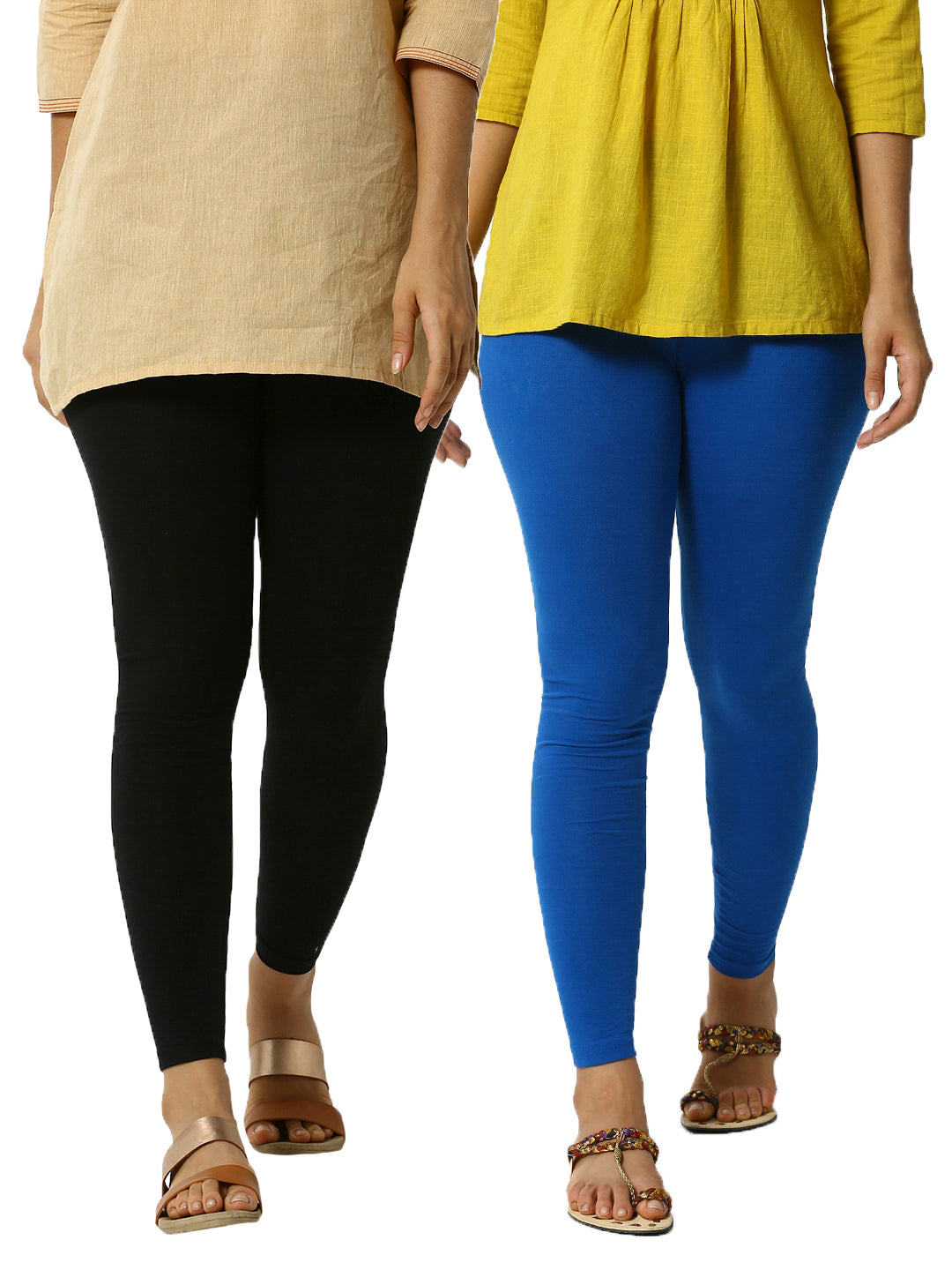 Pack of 2 De Moza Ladies Superior Ankle Leggings Solid Black&Cobalt