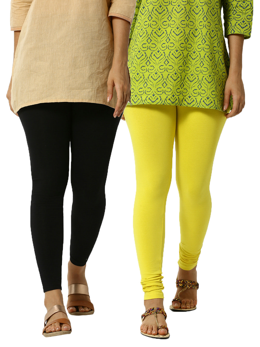 Pack of 2 De Moza Ladies Superior Ankle Leggings Black&Lemon Yellow