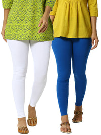 De Moza Superior Ankle Length Leggings Combo Pack of 2 White&Cobalt - De Moza