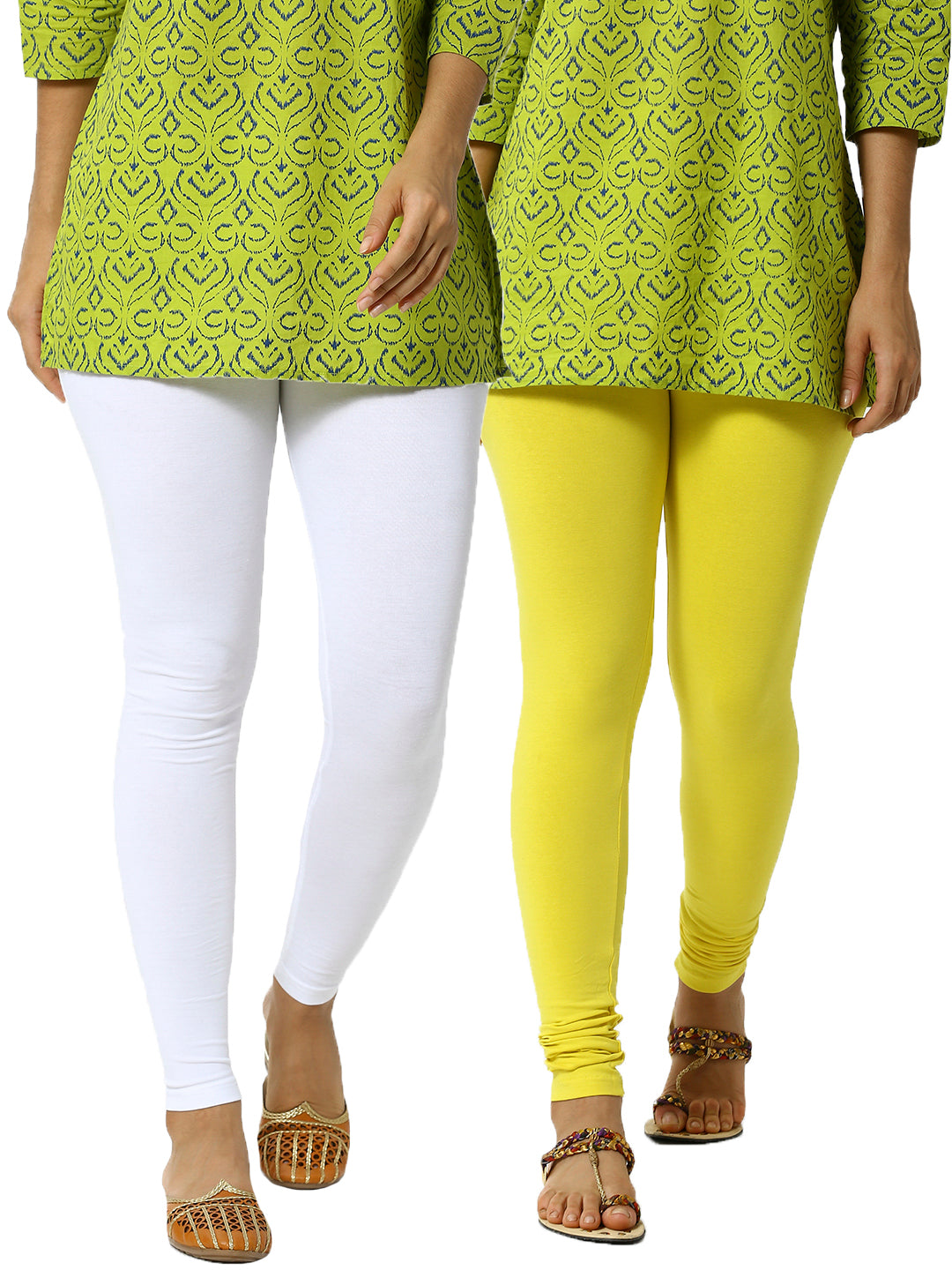 De Moza Superior Ankle Length Leggings Combo Pack of 2 White&Lemon Yellow - De Moza