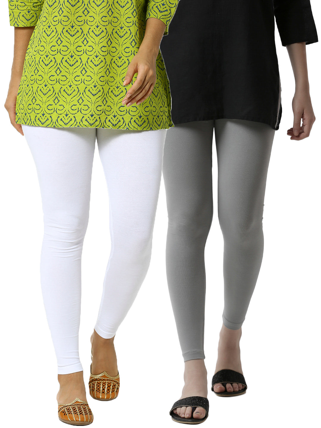 De Moza Superior Ankle Length Leggings Combo Pack of 2 White&Light Grey - De Moza
