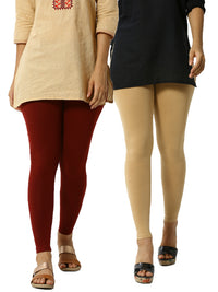 De Moza Superior Ankle Length Leggings Combo Pack of 2 Maroon&Skin - De Moza