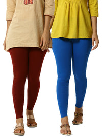 De Moza Superior Ankle Length Leggings Combo Pack of 2 Maroon&Cobalt - De Moza