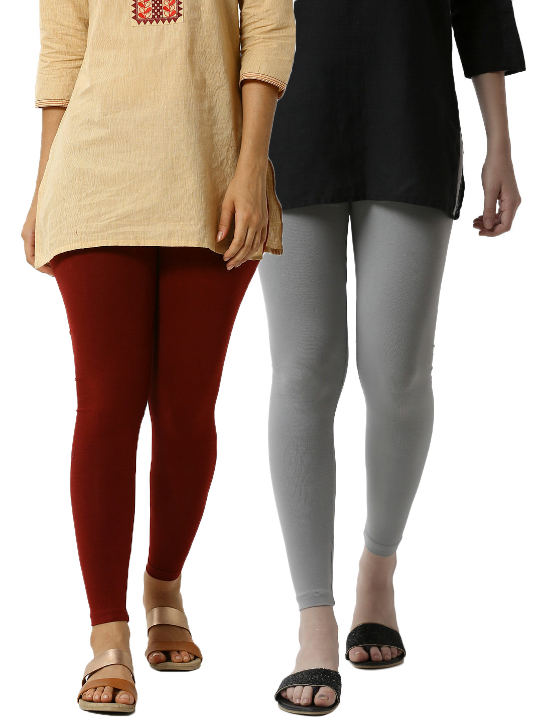 De Moza Superior Ankle Length Leggings Combo Pack of 2 Maroon&Light Grey - De Moza