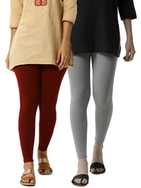 De Moza Superior Ankle Length Leggings Combo Pack of 2 Maroon&Light Grey - De Moza