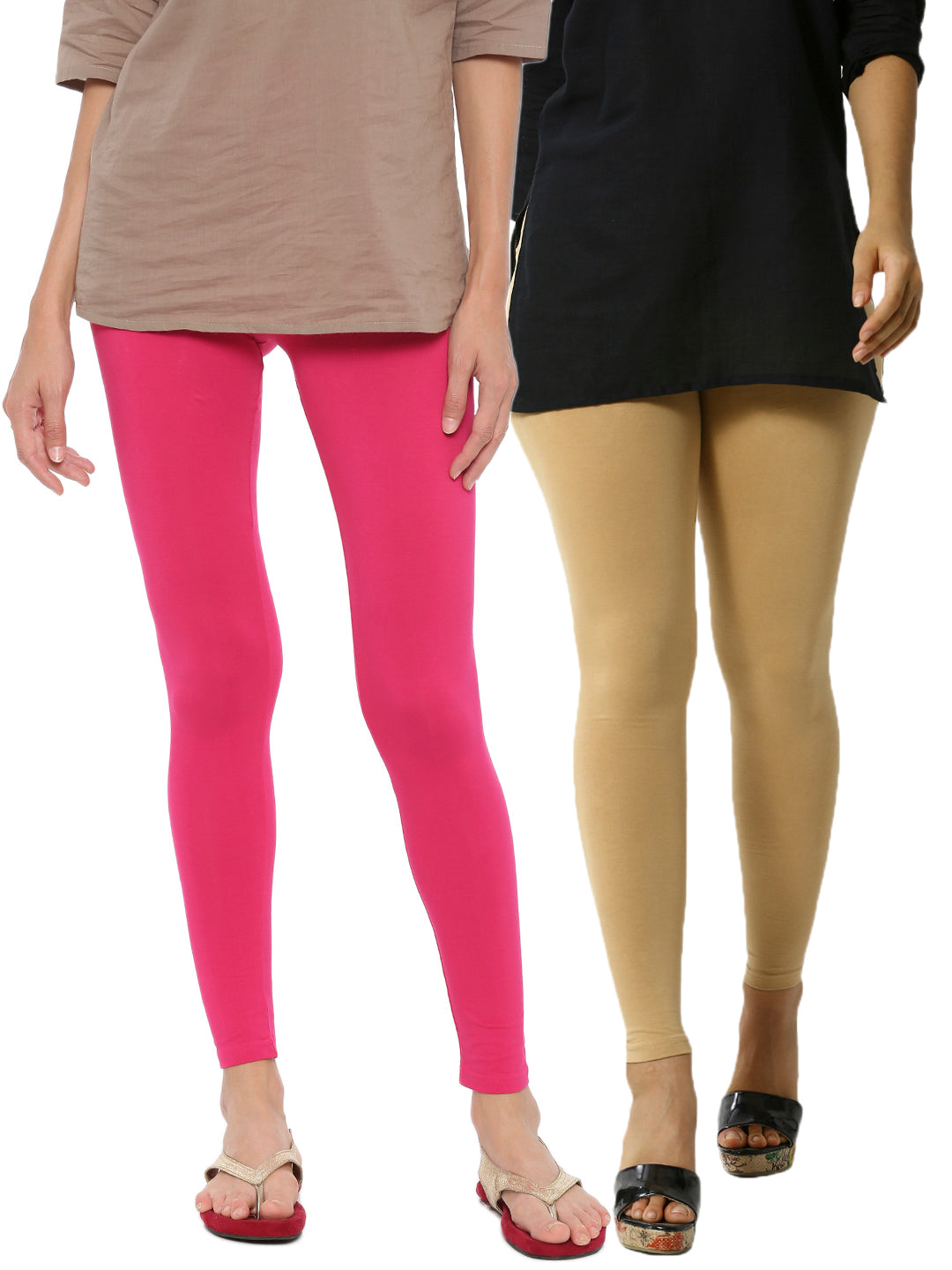 De Moza Superior Ankle Length Leggings Combo Pack of 2 Fuchsia&Skin - De Moza