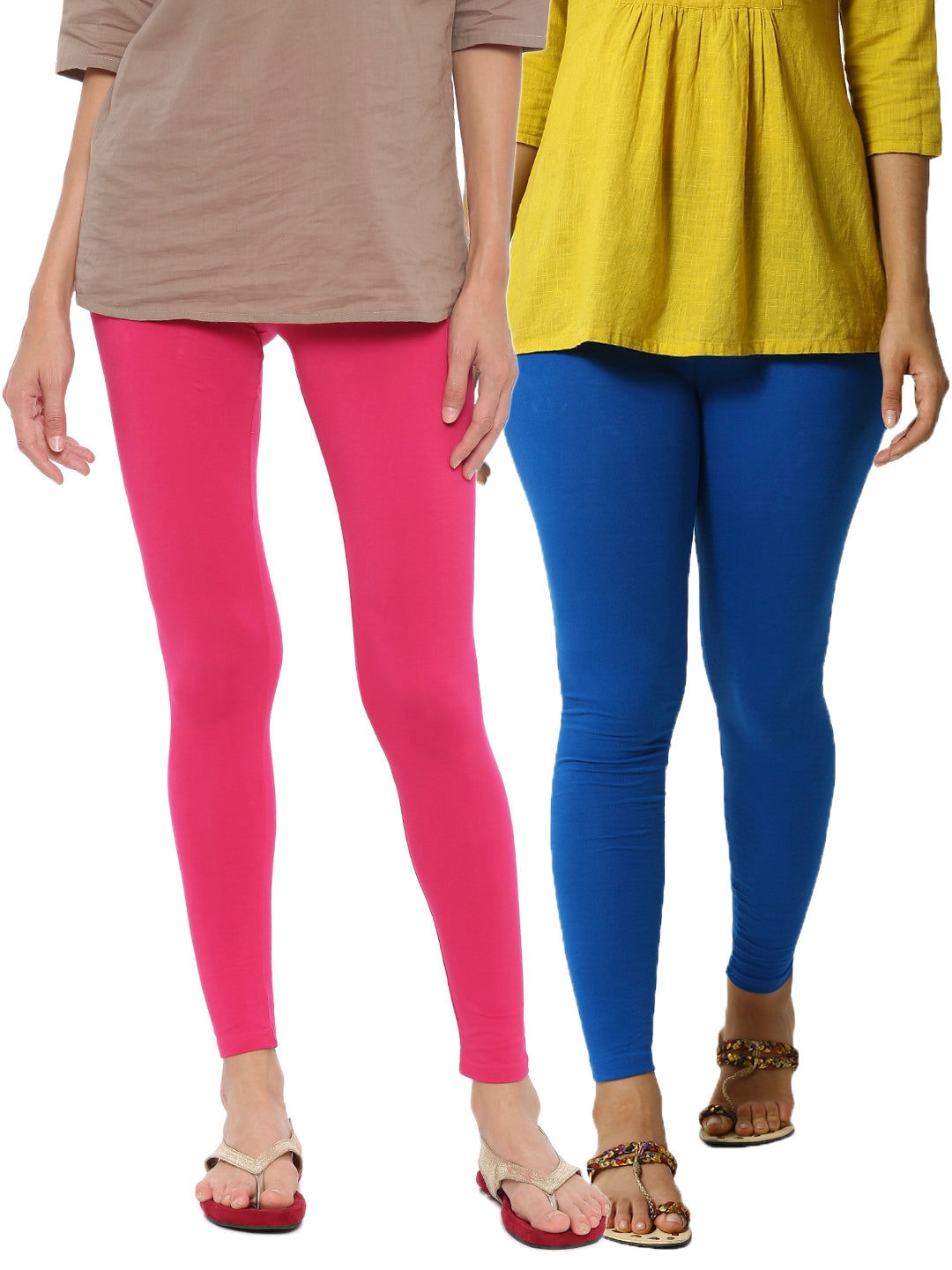 De Moza Superior Ankle Length Leggings Combo Pack of 2 Fuchsia&Cobalt - De Moza
