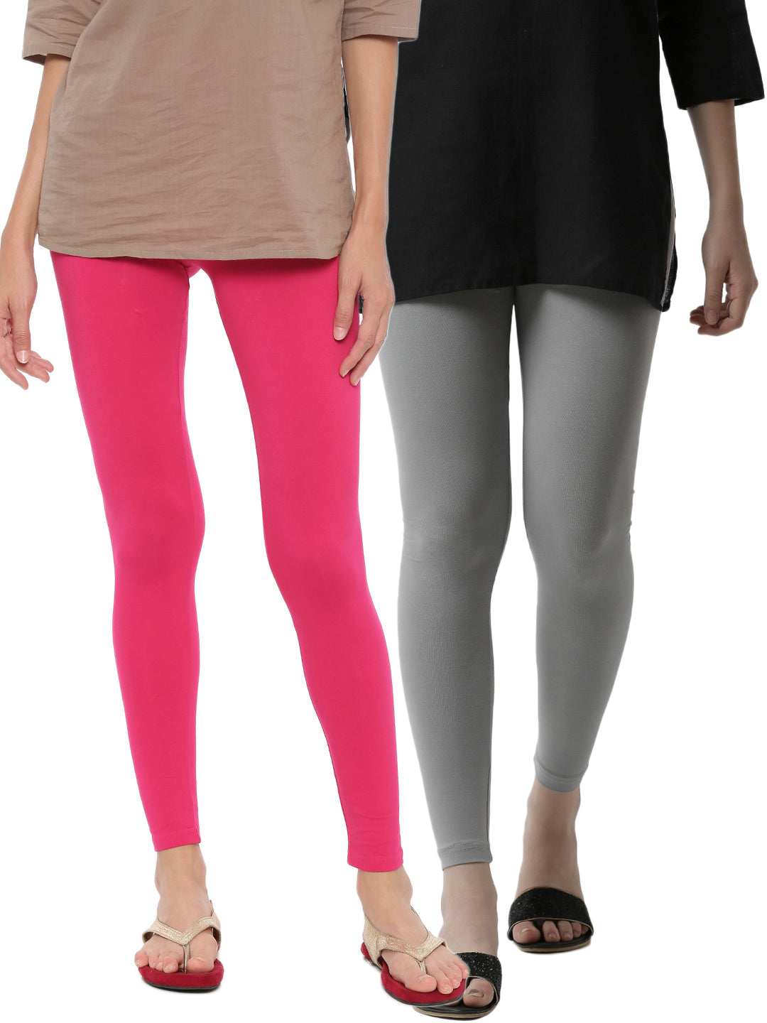 De Moza Superior Ankle Length Leggings Combo Pack of 2 Fuchsia&Light Grey - De Moza
