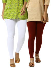 De Moza Superior Ankle Length Leggings Combo Pack of 2 White&Maroon - De Moza
