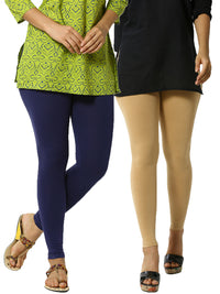 De Moza Superior Ankle Length Leggings Combo Pack of 2 Navy Blue&Skin - De Moza