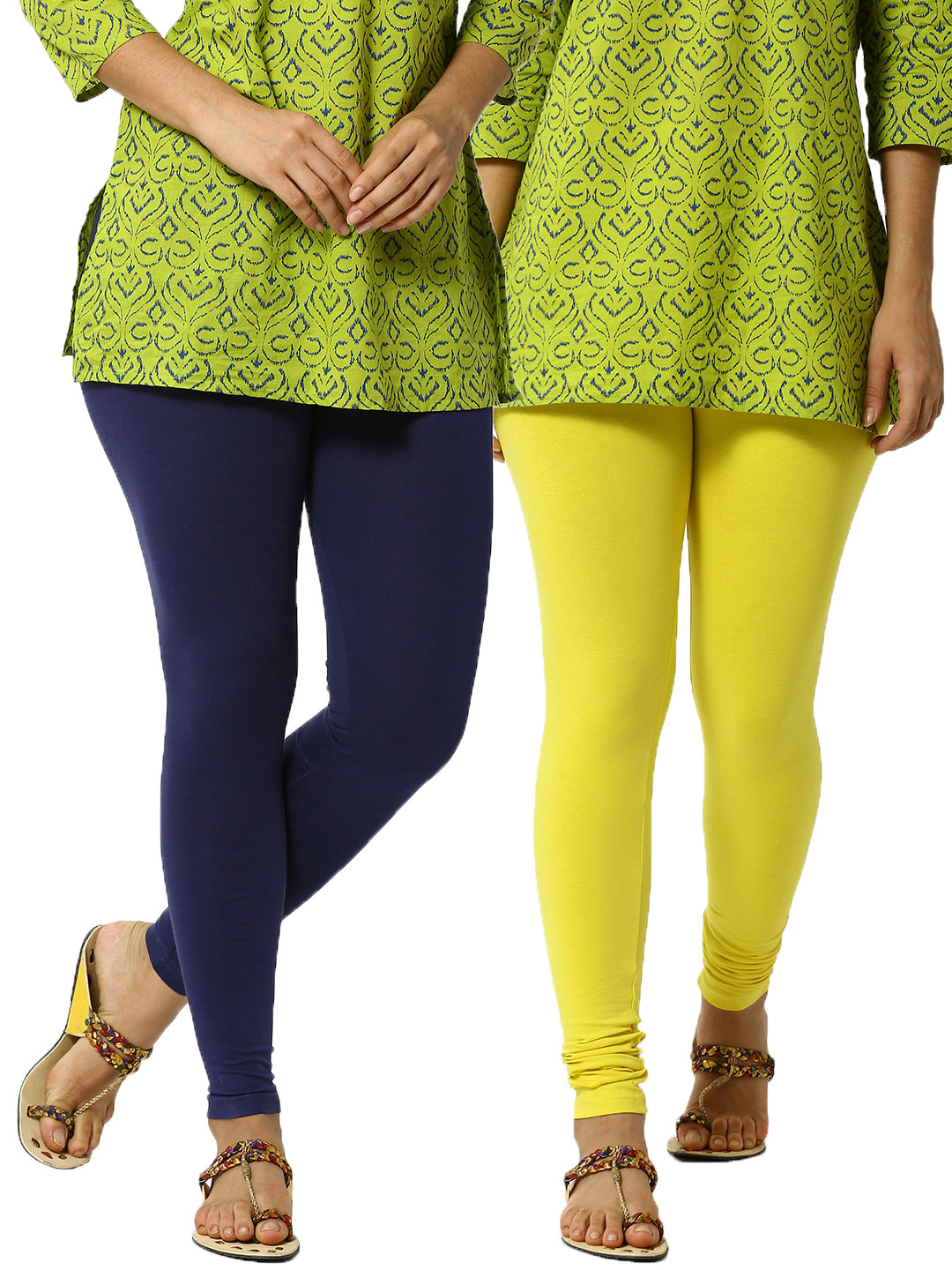 De Moza Superior Ankle Length Leggings Combo Pack of 2 Navy Blue&Lemon Yellow - De Moza
