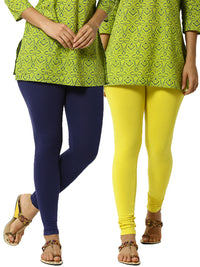 De Moza Superior Ankle Length Leggings Combo Pack of 2 Navy Blue&Lemon Yellow - De Moza
